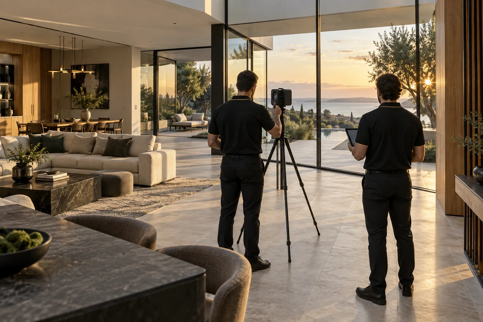 Technicians seen from behind, with tripod camera and tablet in a residence. Illustration.
