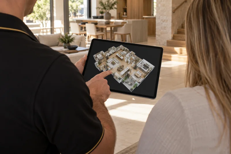 Hands showing a digital property model on a tablet. Illustration.