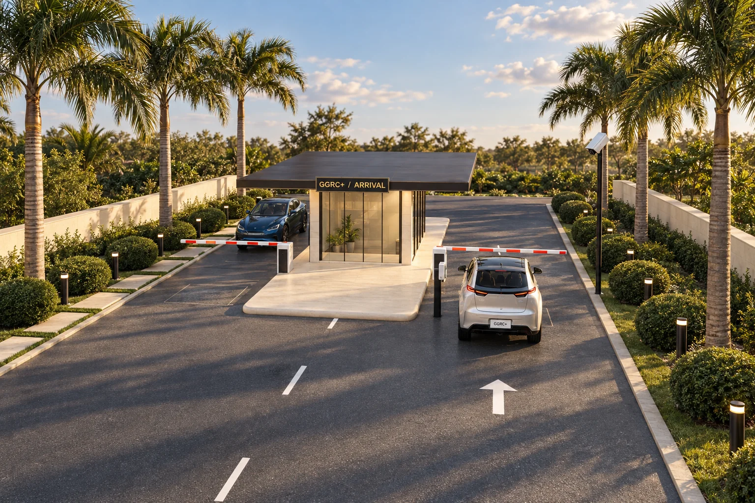 Wide front view of the same guardhouse, with its bronze canopy, landscaped island and two barrier gates