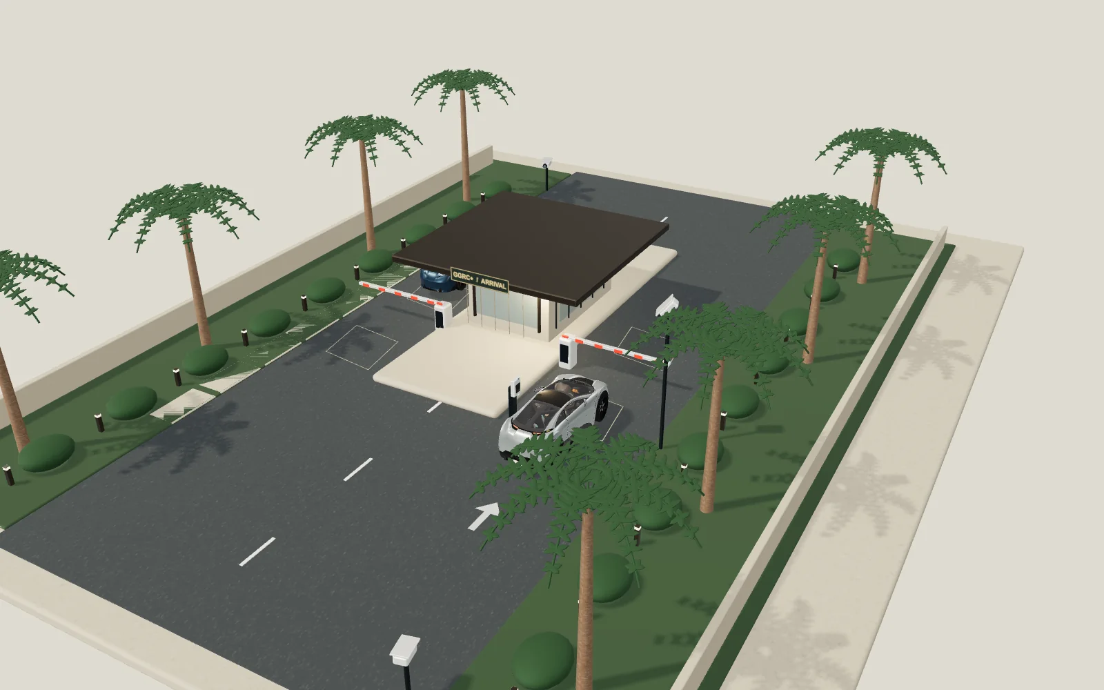 Fictional contemporary guardhouse, separate entry lanes and tropical landscape