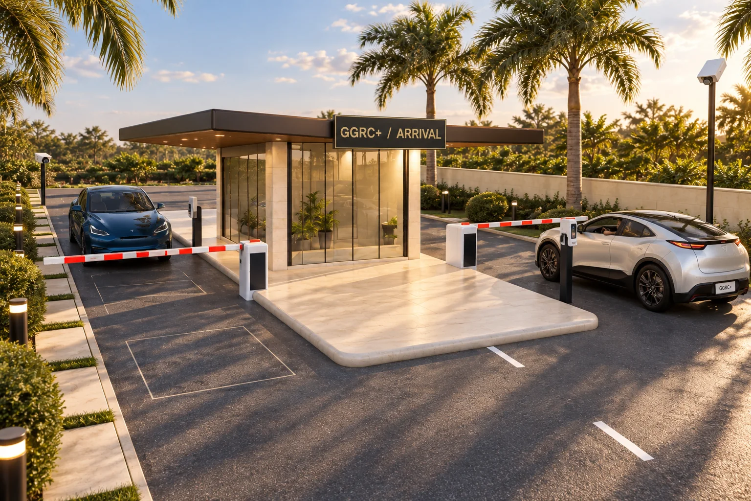 Oblique close view of the connected guardhouse, driver access terminal, cameras and separate traffic lanes