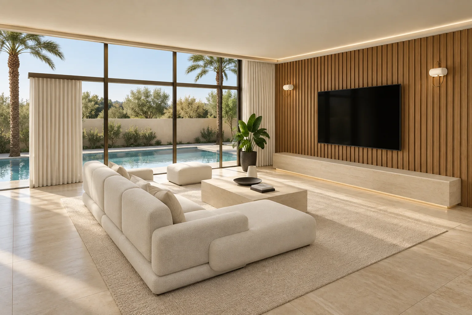 Concept of a connected South Florida residence with warm lighting, motorized curtains and integrated entertainment