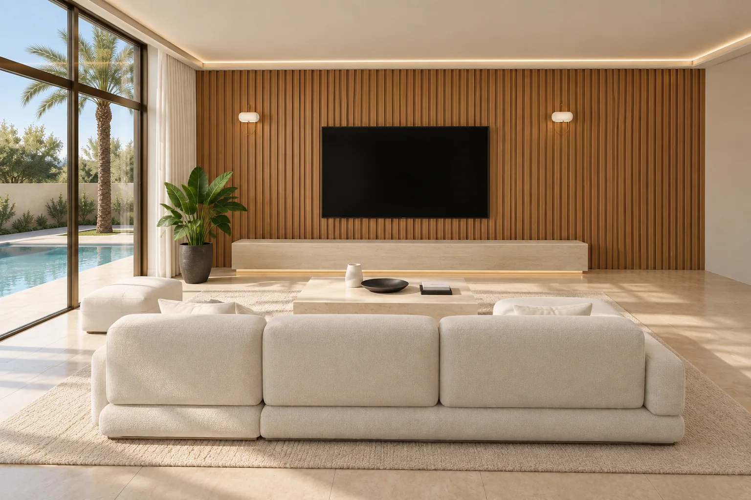 Second angle of the same connected living room, behind the sectional and facing the TV wall with pool windows to the left